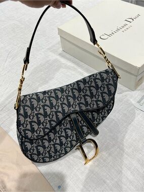 Dior Navy and Gray Monogram Saddle Bag with Gold Hardware